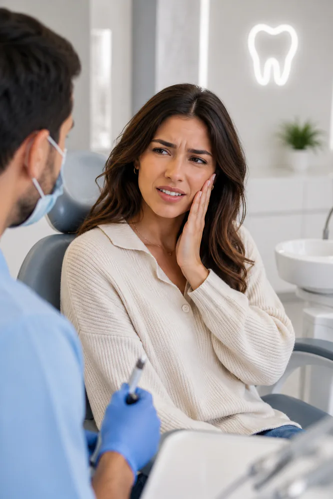 Patient pointing to facial and cheek pain that referred pain from the temporomandibular joint can produce