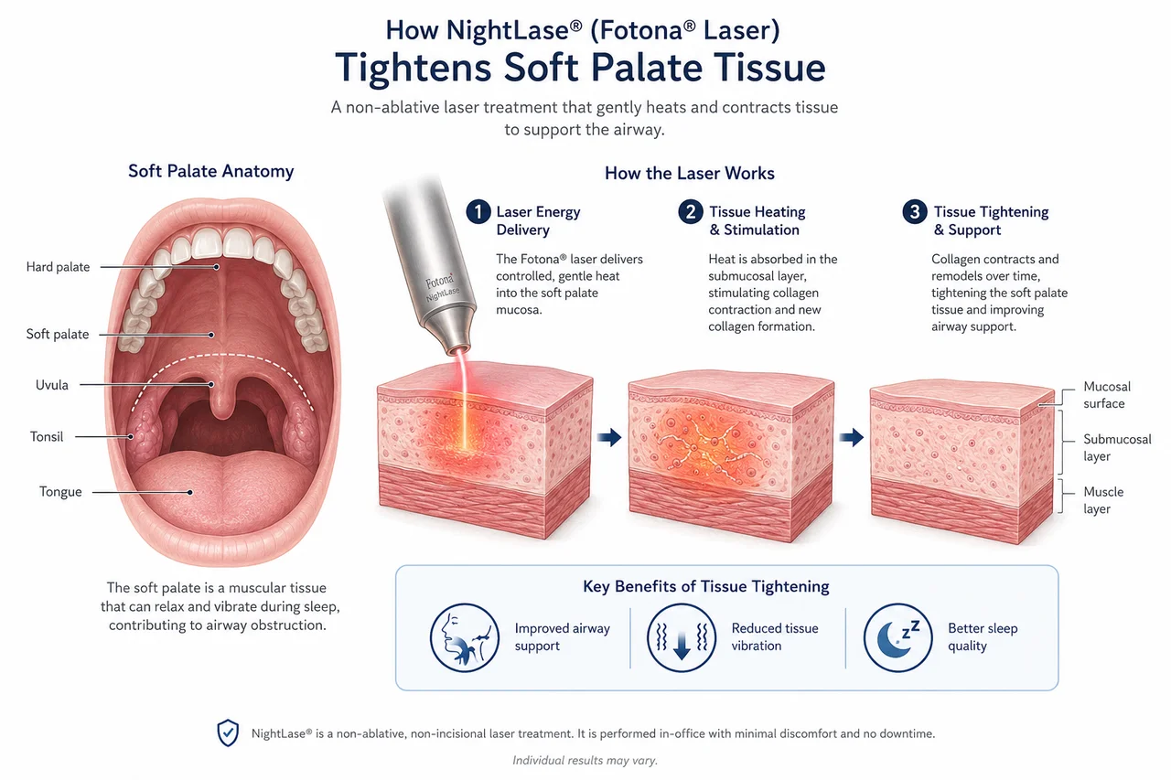 Educational diagram showing how NightLase (Fotona laser) tightens soft palate tissue — soft palate anatomy and the three-step laser process of energy delivery, tissue heating and stimulation, and tissue tightening and support, with key benefits of improved airway support, reduced tissue vibration, and better sleep quality